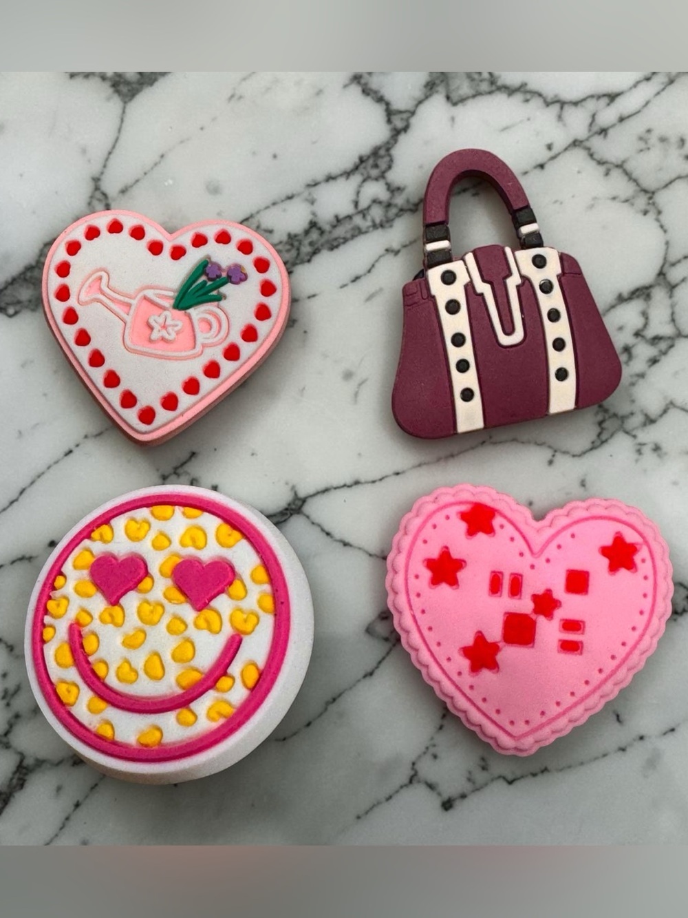 CROCS 4pc Pink Heart & Purse Jibbitz Shoe Charms - Pink, Purple, Yellow, Red